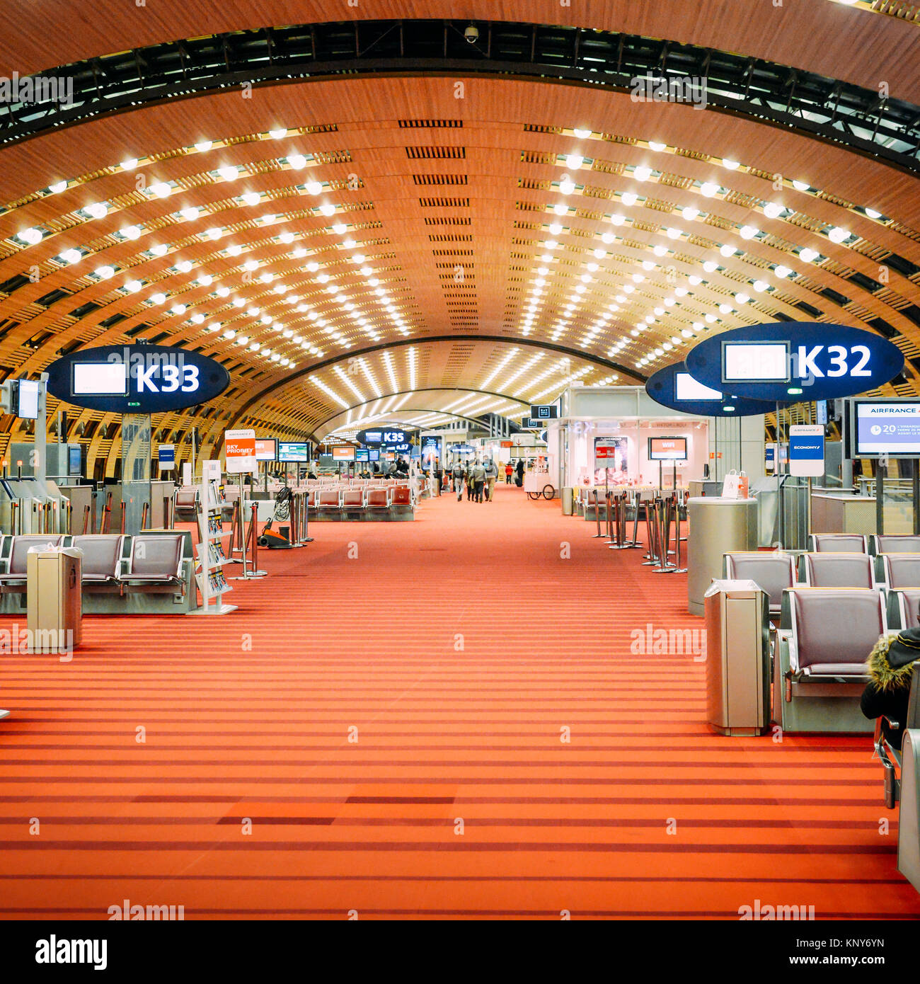 Paris, France - December 11, 2017: Inside Terminal 2 of Paris, France Charles de Gaulle International Airport Stock Photo