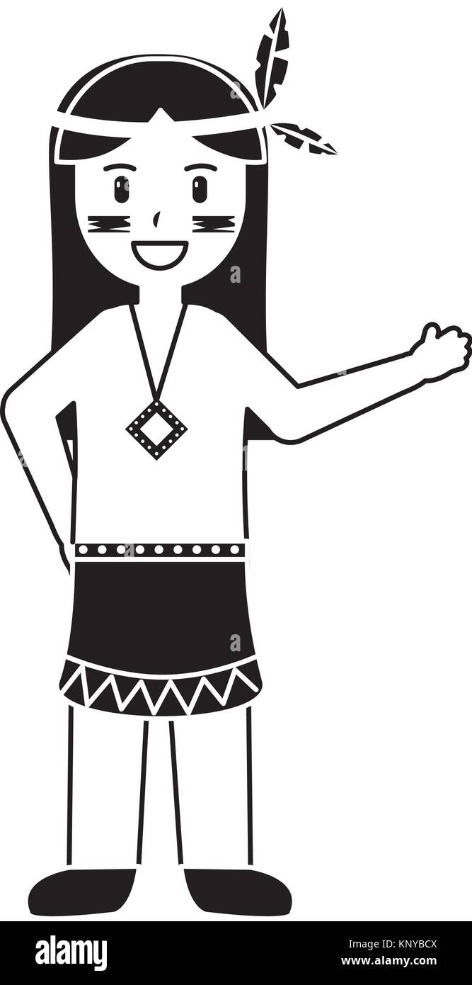 Cartoon Native American Indian In Traditional Short Buckskin Dress
