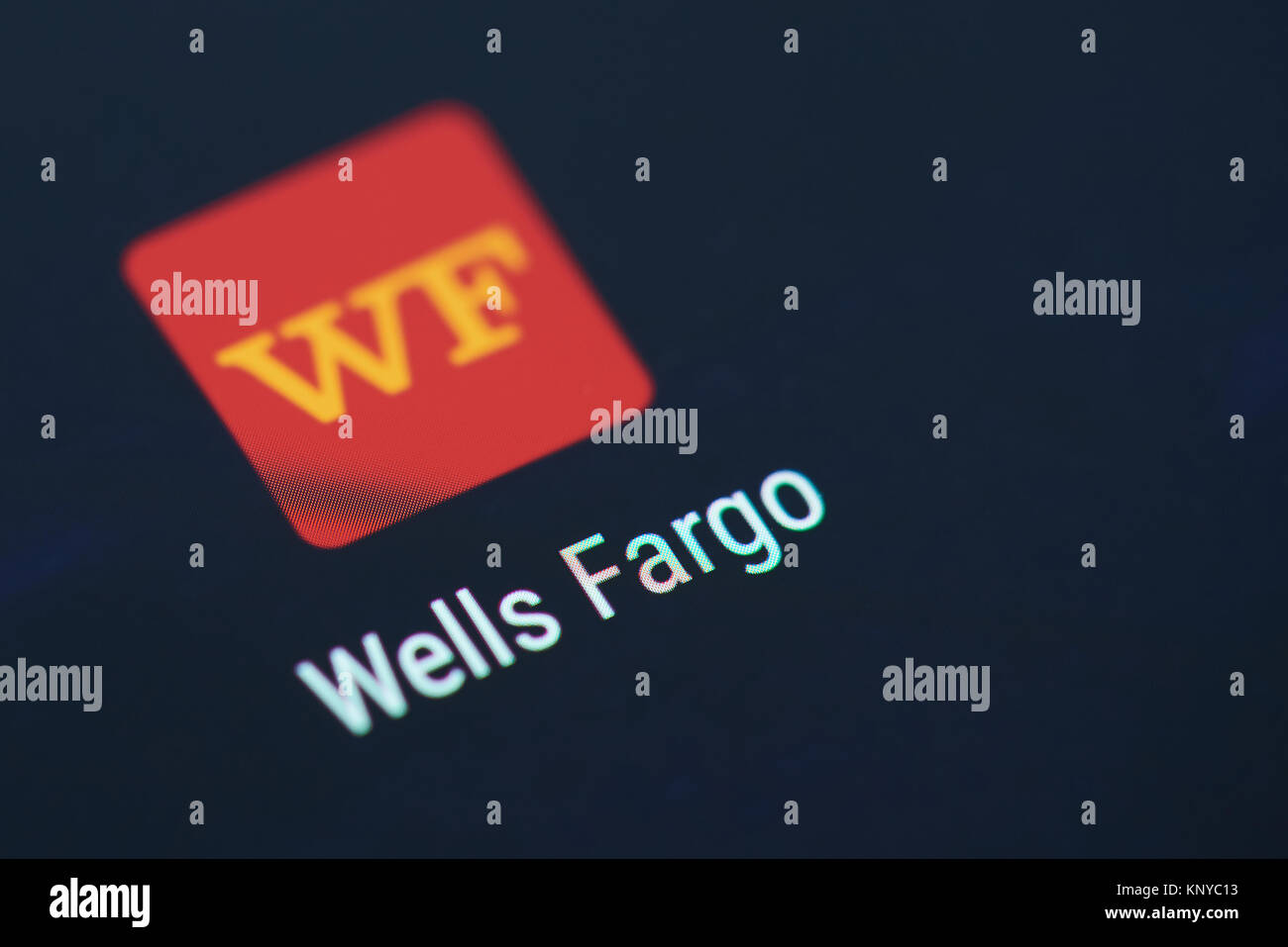 New york, USA - December 12, 2017:Wells Fargo banking application icon on smartphone screen close-up. Wells Fargo banking app icon with copy space on  Stock Photo