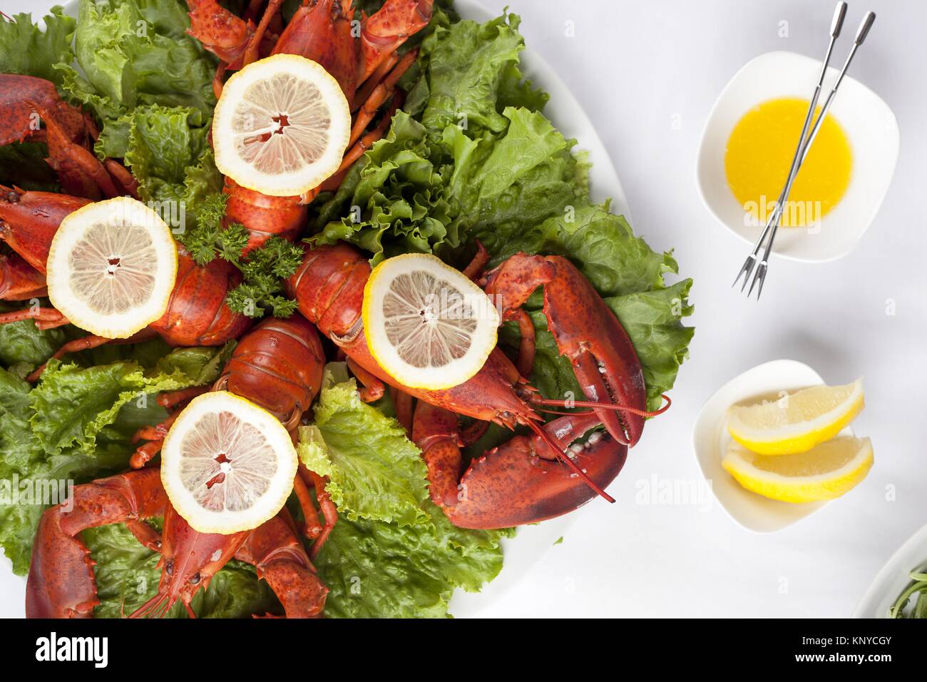a plate with salad and lobsters Stock Photo