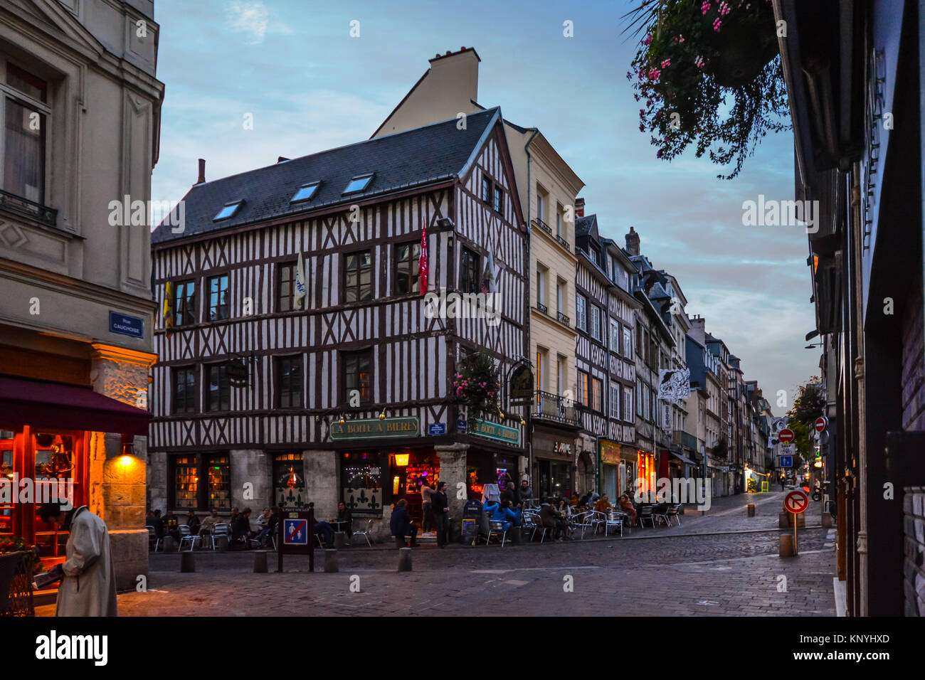 A quaint half timbered cafe with outdoor patio on the Rue du Horloge in the old town center of Rouen France near the Normandy Coast Stock Photo