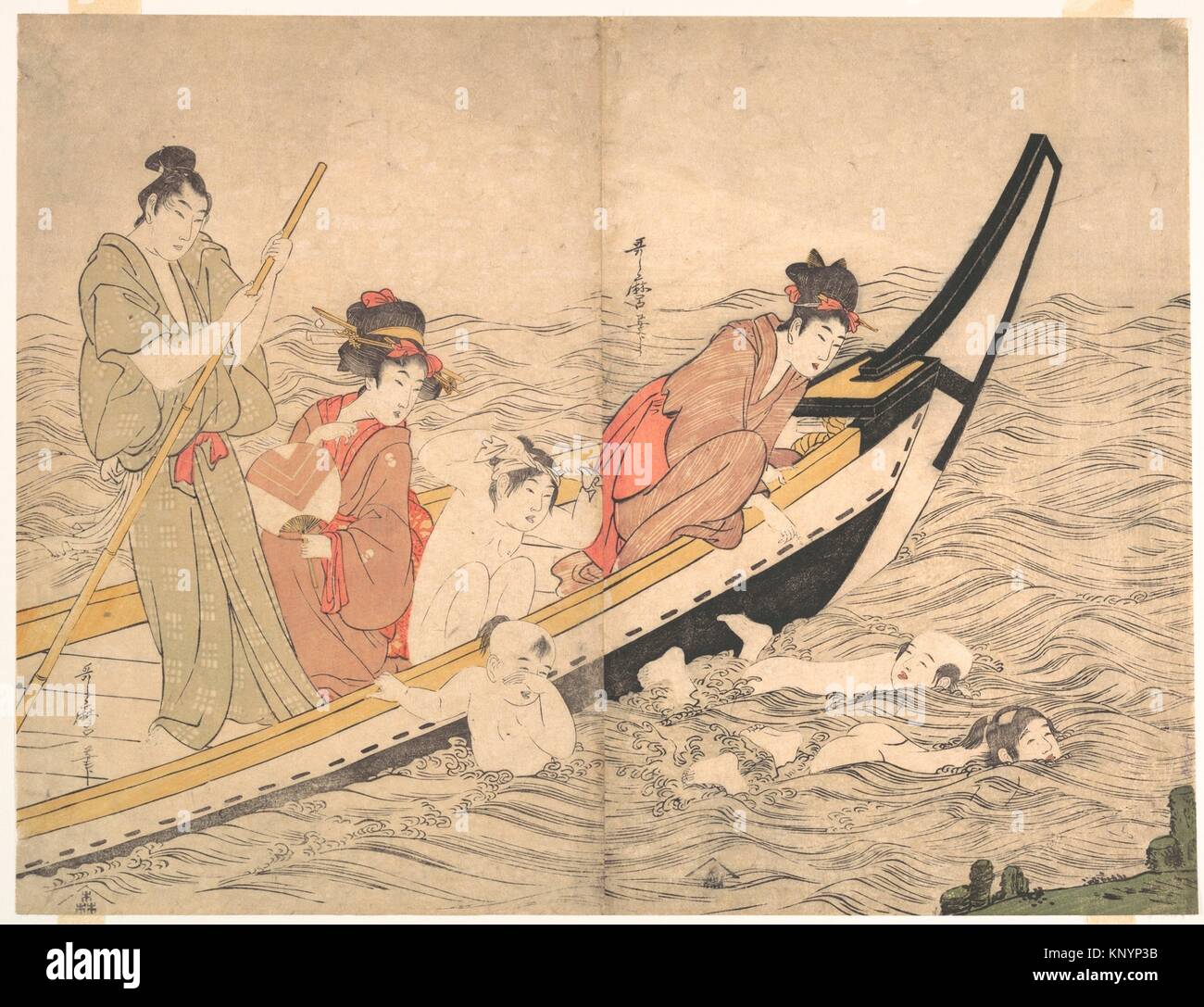 Boating Party with Children Swimming. Artist: Kitagawa Utamaro (Japanese, 1753?-1806); Period: Edo period (1615-1868); Date: late 18th century; Stock Photo