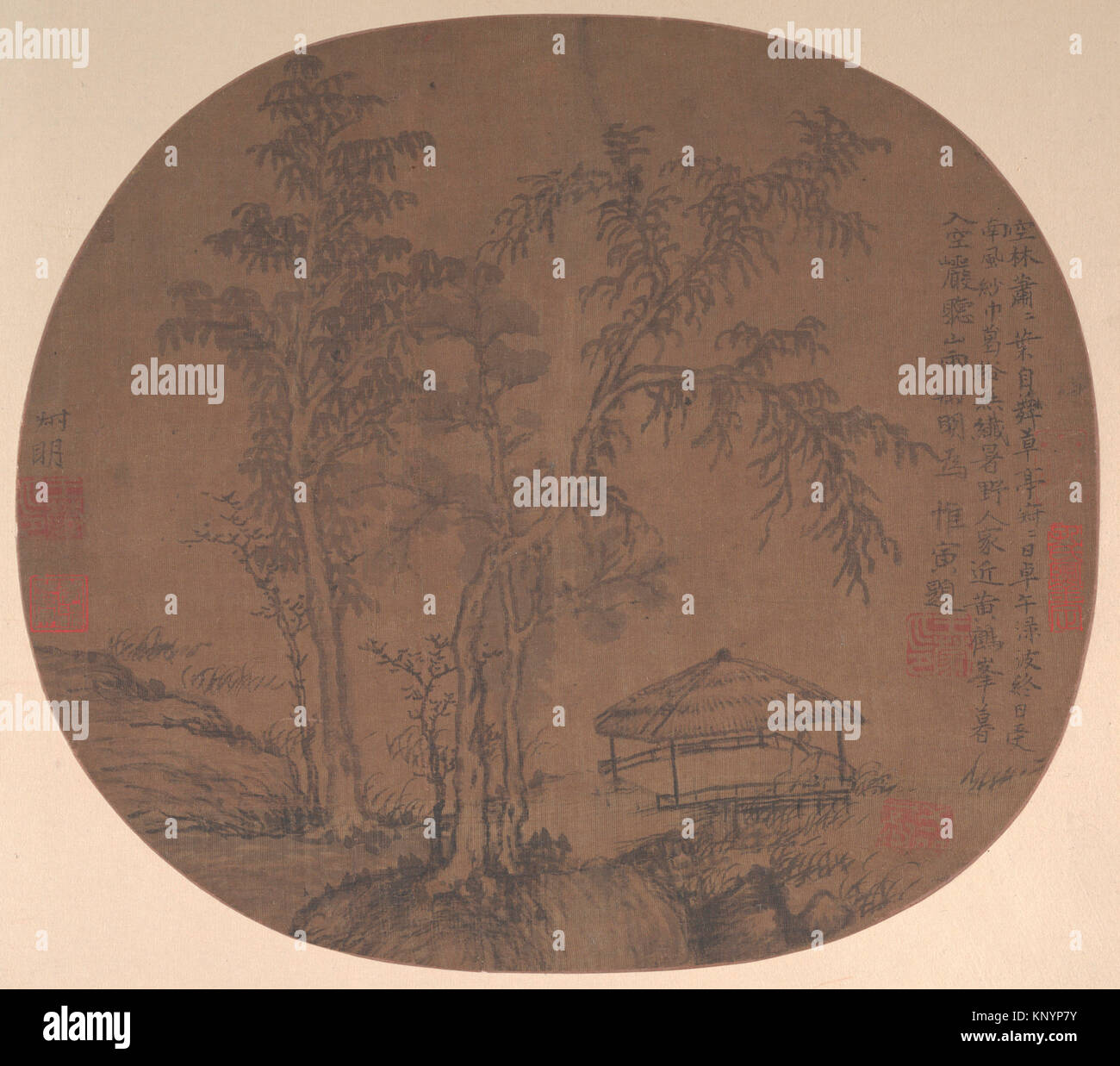 Sparse Trees and Pavilion. Artist: Wang Meng (Chinese, ca. 1308-1385); Period: late Yuan dynasty (1271-1368); Date: ca. 1361; Culture: China; Medium: Stock Photo