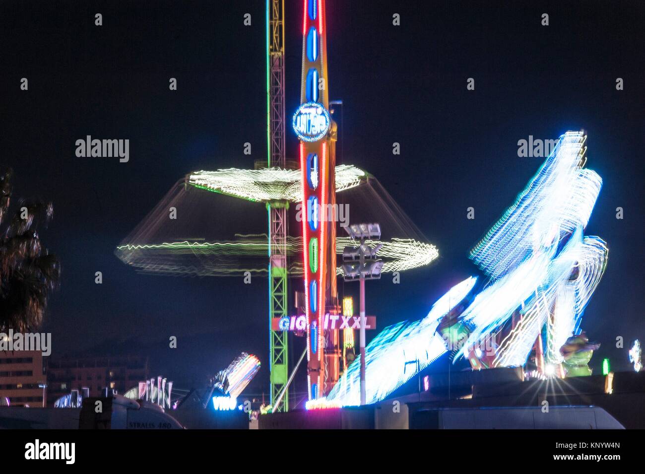 Amusement rides in the funfair. Valencia, Valencian Community, Spain