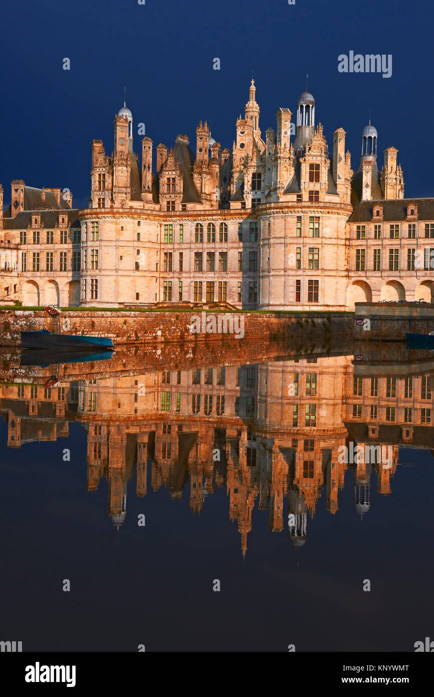 Chambord, Chambord Castle, Chateau de Chambord, Sunset, Loir et Cher, Loire Valley, Loire River, Val de Loire, UNESCO World Heritage Site, France. Stock Photo