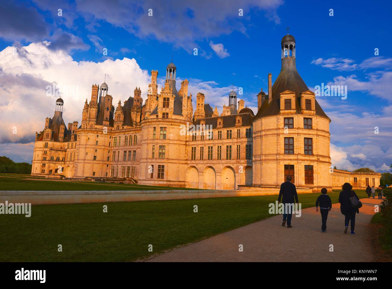 Chambord, Chambord Castle, Chateau de Chambord, Sunset, Loir et Cher, Loire Valley, Loire River, Val de Loire, UNESCO World Heritage Site, France. Stock Photo
