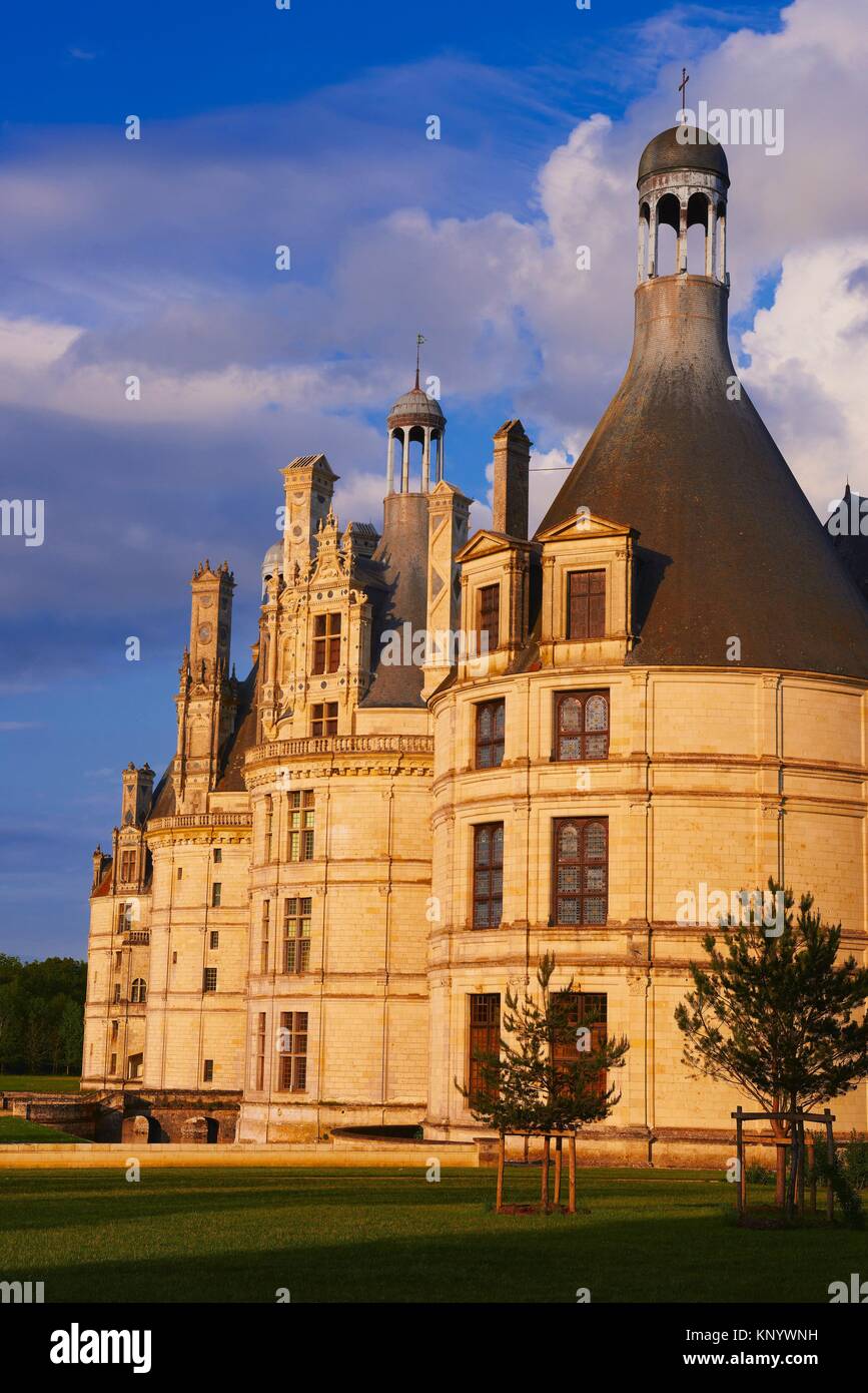 Chambord, Chambord Castle, Chateau de Chambord, Sunset, Loir et Cher, Loire Valley, Loire River, Val de Loire, UNESCO World Heritage Site, France. Stock Photo