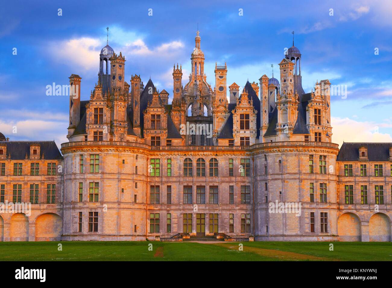 Chambord, Chambord Castle, Chateau de Chambord, Sunset, Loir et Cher, Loire Valley, Loire River, Val de Loire, UNESCO World Heritage Site, France. Stock Photo