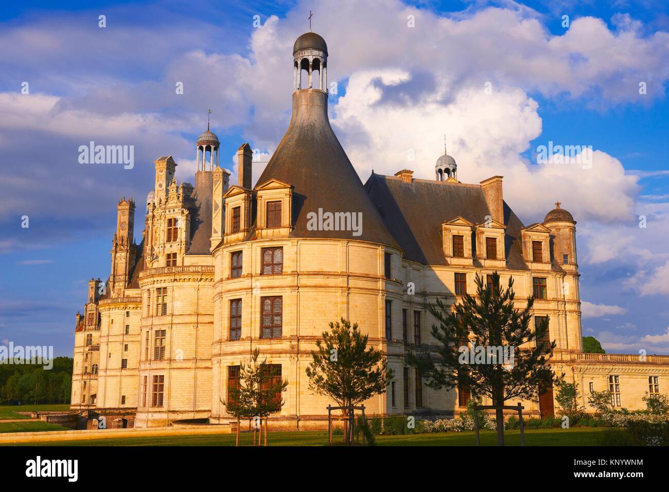 Chambord, Chambord Castle, Chateau de Chambord, Sunset, Loir et Cher, Loire Valley, Loire River, Val de Loire, UNESCO World Heritage Site, France. Stock Photo