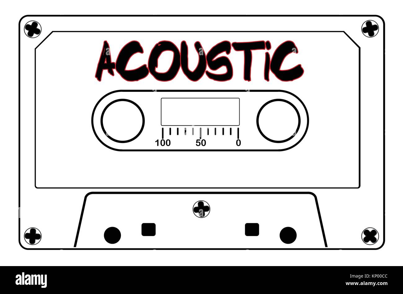 A typical old fashioned audio cassette in black line over a white