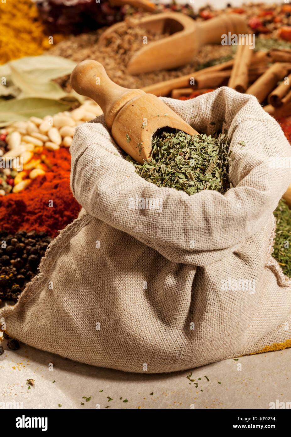 Bodegon of spices, Exotics, coat. Valencia Stock Photo