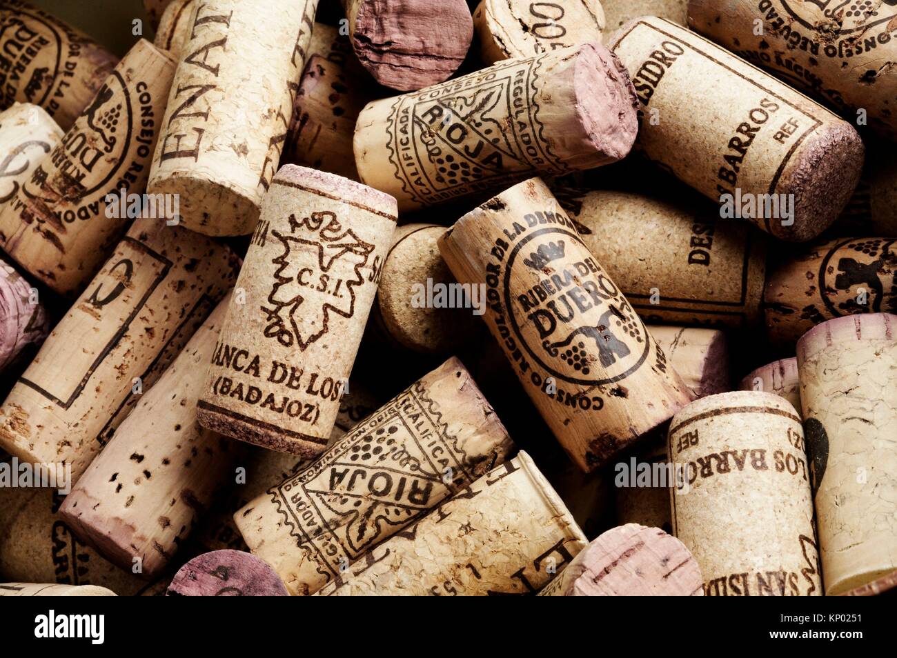 Close-up of cork stoppers from different D.O.(Qualified Designation of Origin). Stock Photo