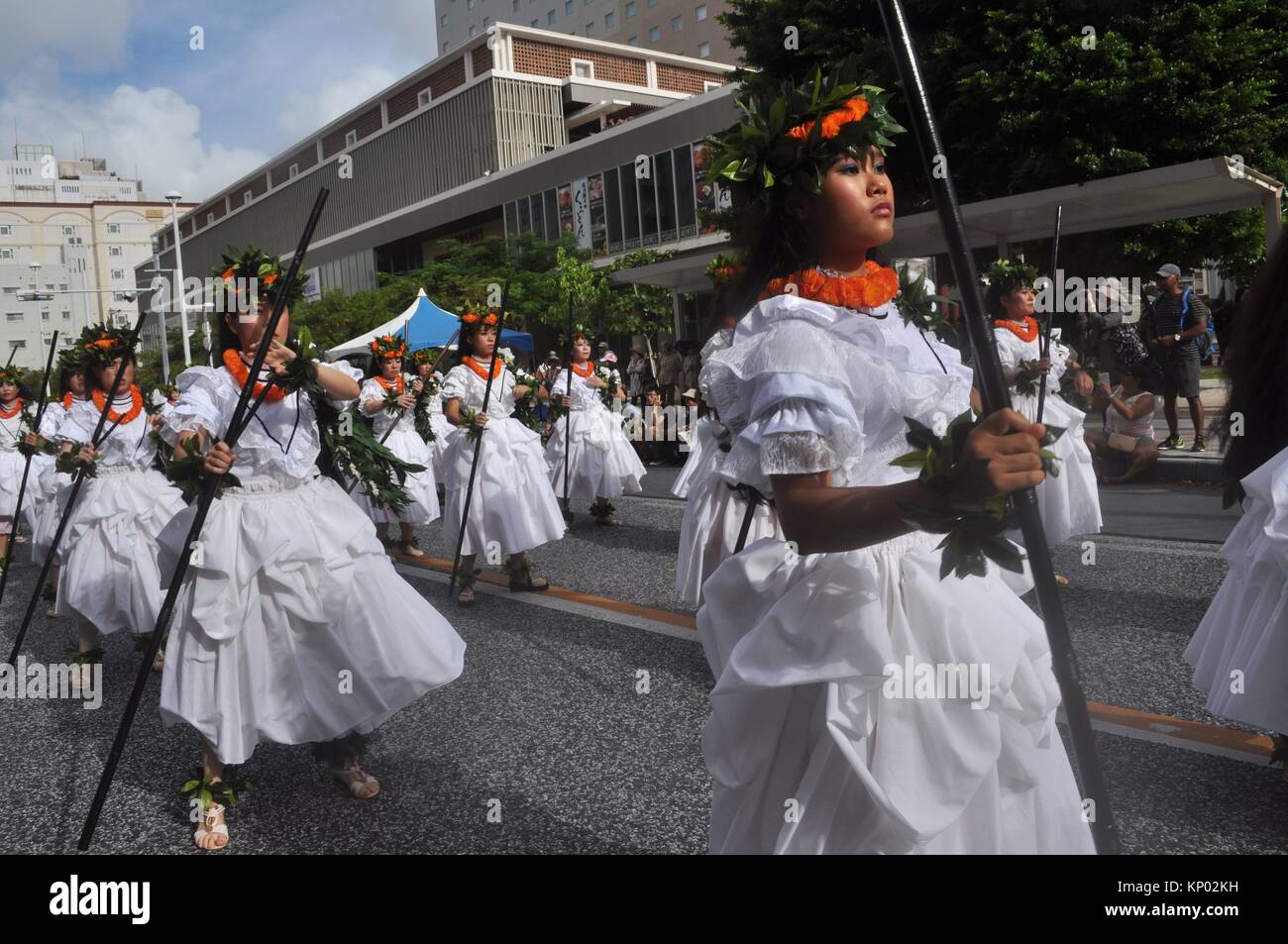 Naha, Okinawa, Japan: Hawaiian parade during the 6th Worldwide Uchinanchu Festival, celebrating the Okinawan emigrants Stock Photo