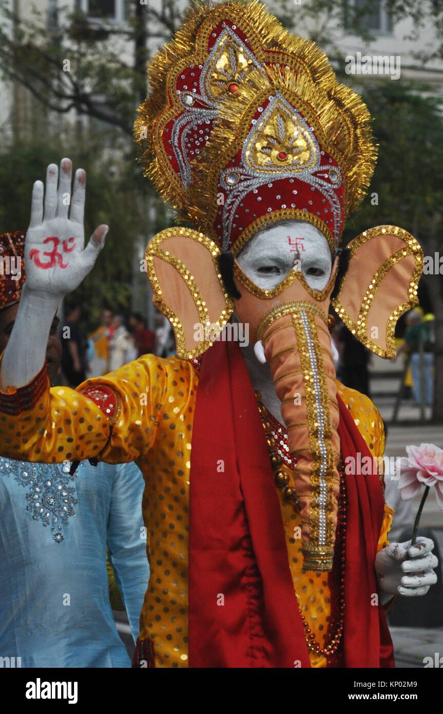 Naha, Okinawa, Japan: Indian parade during the 6th Worldwide Uchinanchu Festival, celebrating the Okinawan emigrants Stock Photo