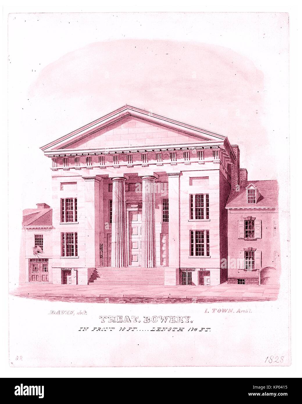 New Bowery Theatre, Elizabeth Street Facade, New York. Artist: Alexander Jackson Davis (American, New York 1803-1892 West Orange, New Jersey); Stock Photo