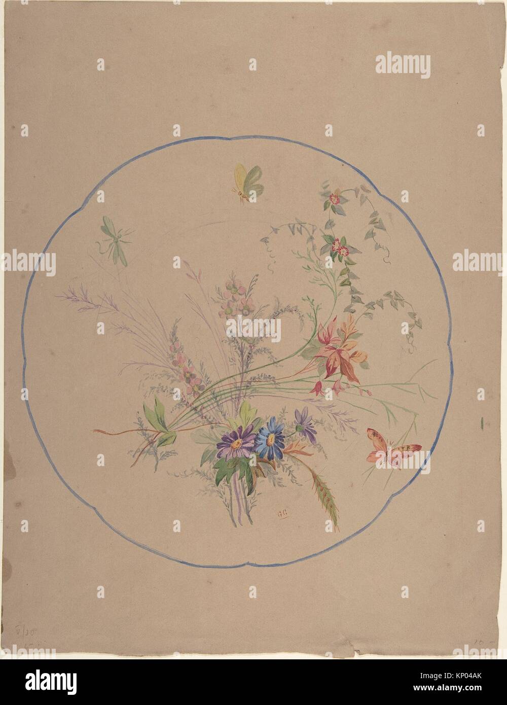 Design of Flower Sprays and Butterflies. Artist: Anonymous, Italian, 19th century; Date: ca. 1870; Medium: Watercolor; Dimensions: 8-3/8 x 8-3/8 in; Stock Photo