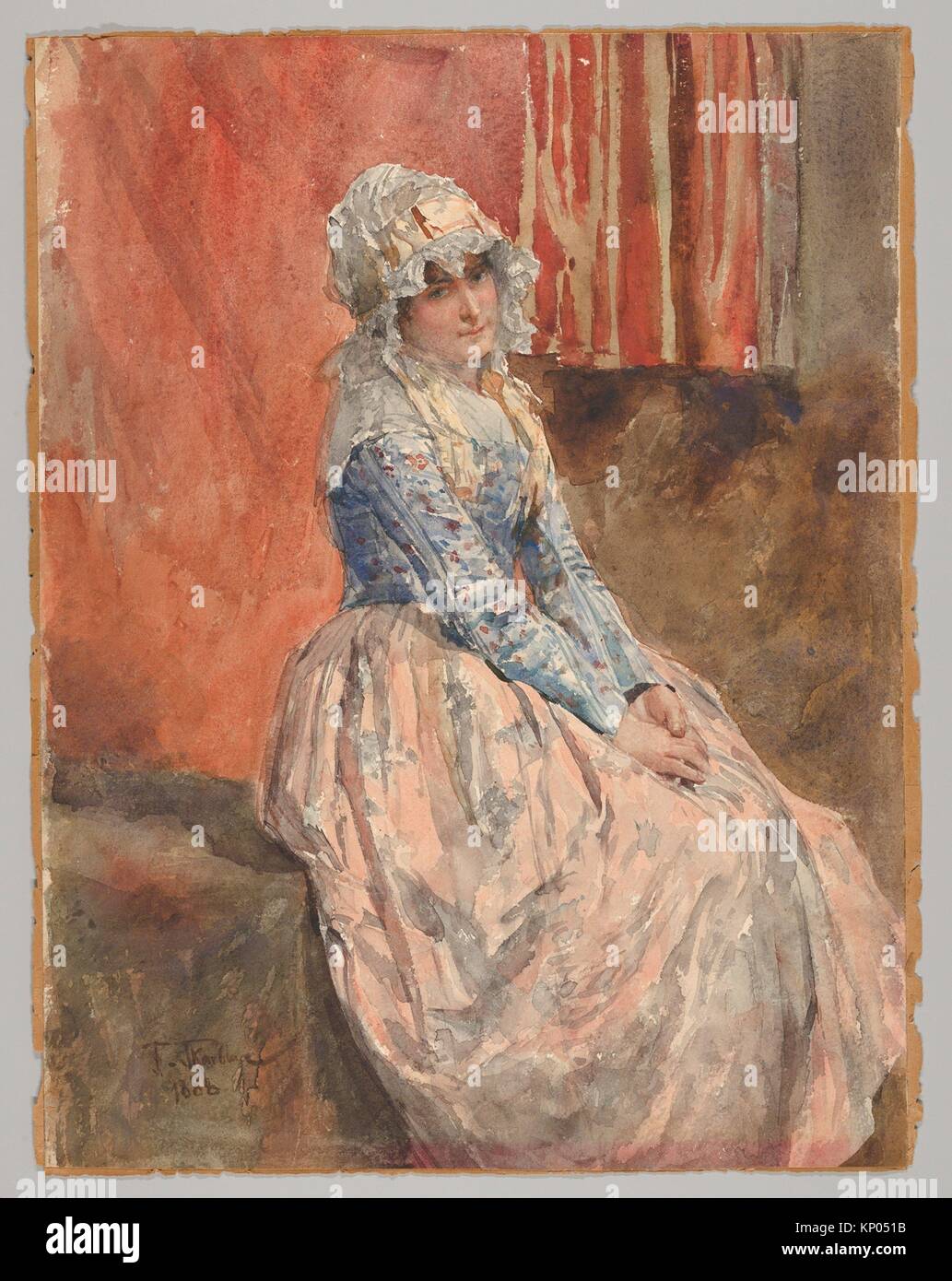 A Seated Woman. Artist: Franz Skarbina (German, Berlin, 1849-1910 Berlin); Date: 1888; Medium: Watercolor; Dimensions: Sheet: 14 x 10 5/8 in. (35.5 x Stock Photo