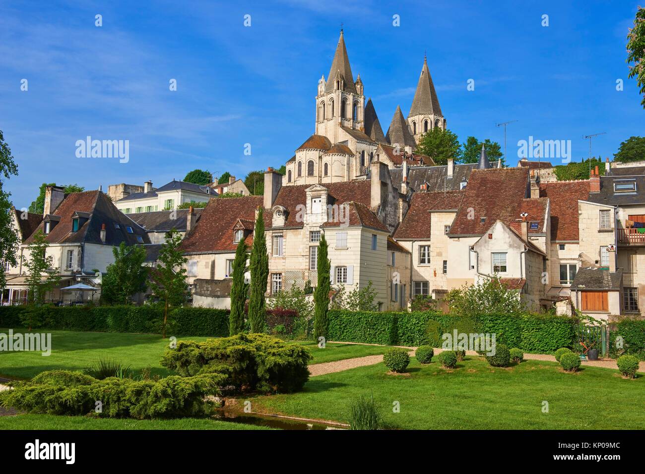 Loches, Saint Ours Church at Dusk, Indre-et-Loire, Touraine, Pays de la Loire, Loire Valley, UNESCO World Heritage Site, France. Stock Photo