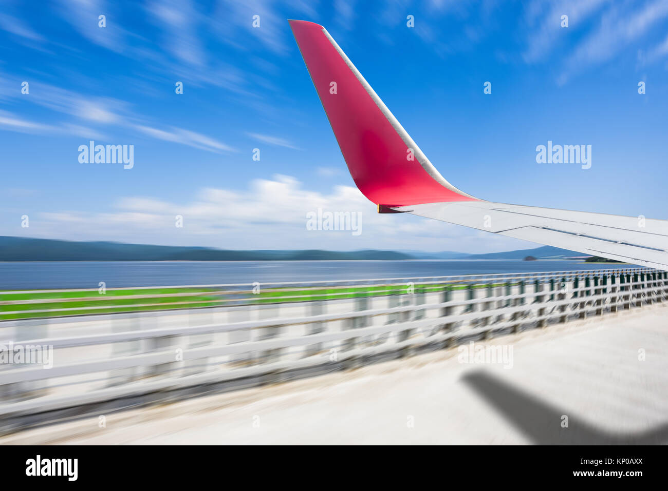 View of air plane wing during take off or landing,travel concept. Stock Photo