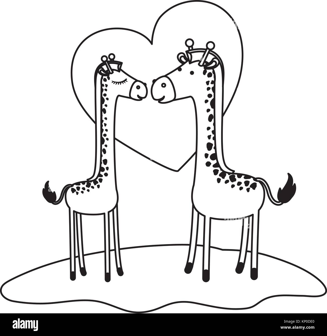 giraffes couple over grass in black sections silhouette with heart in background Stock Vector