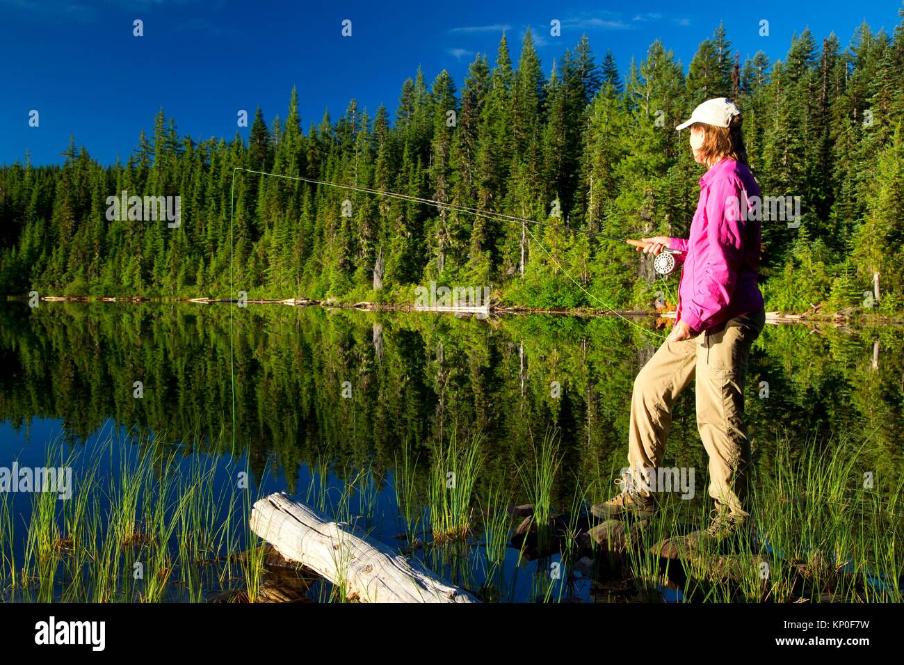 Flyfishing on Claggett Lake, Mt Jefferson Wilderness, Willamette National Forest, Oregon. Stock Photo