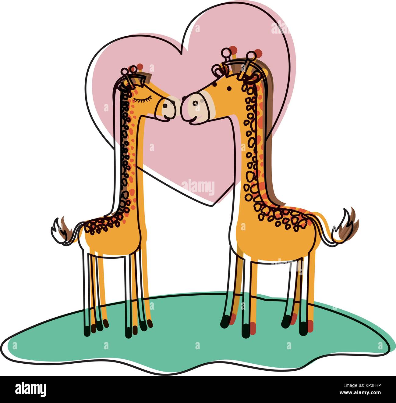 giraffes couple over grass in watercolor silhouette on white background with heart Stock Vector