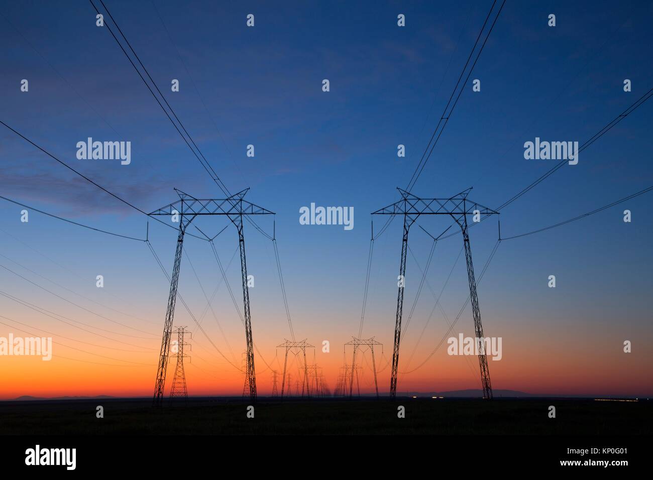 Utility lines dawn, Kings County, California Stock Photo Alamy