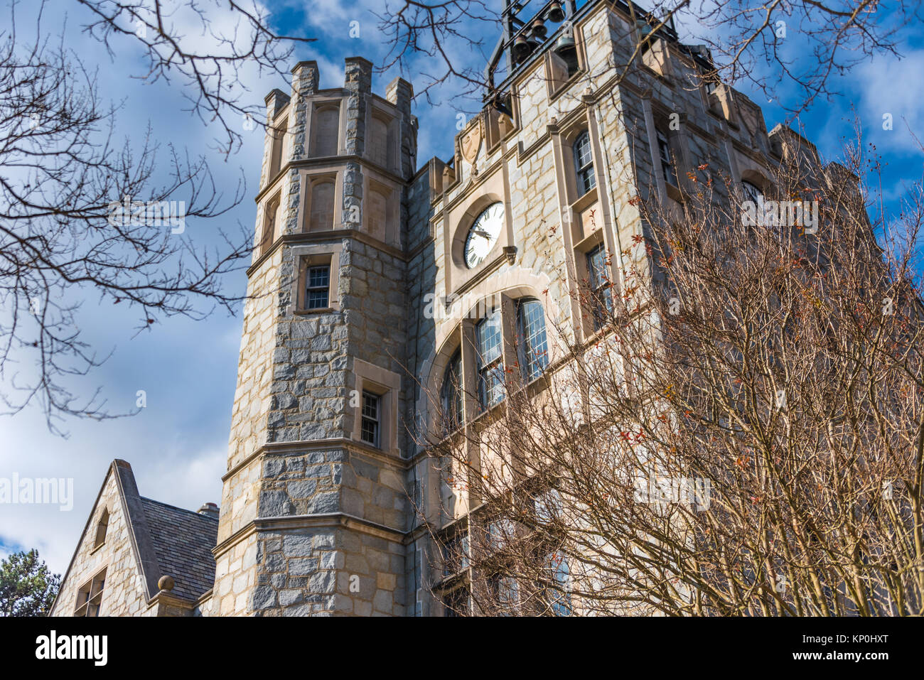 Oglethorpe University's Lupton Hall in Atlanta, Georgia features carilion bells and stone masonry architecture in the Gothic Revival style. (USA) Stock Photo