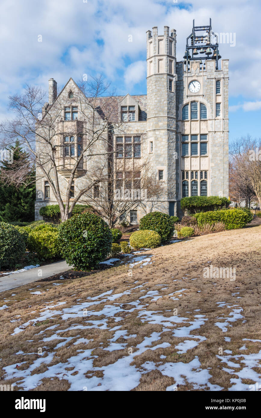 Oglethorpe University's Lupton Hall in Atlanta, Georgia features carilion bells and stone masonry architecture in the Gothic Revival style. (USA) Stock Photo