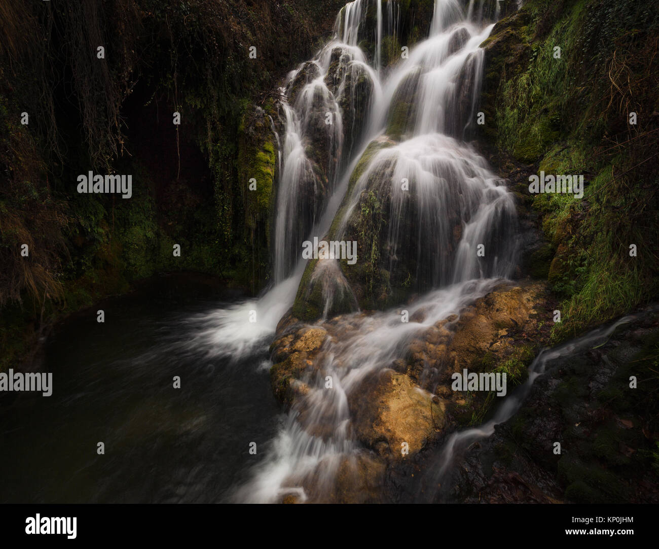 Water in motion at Tobera waterfall in Burgos Stock Photo
