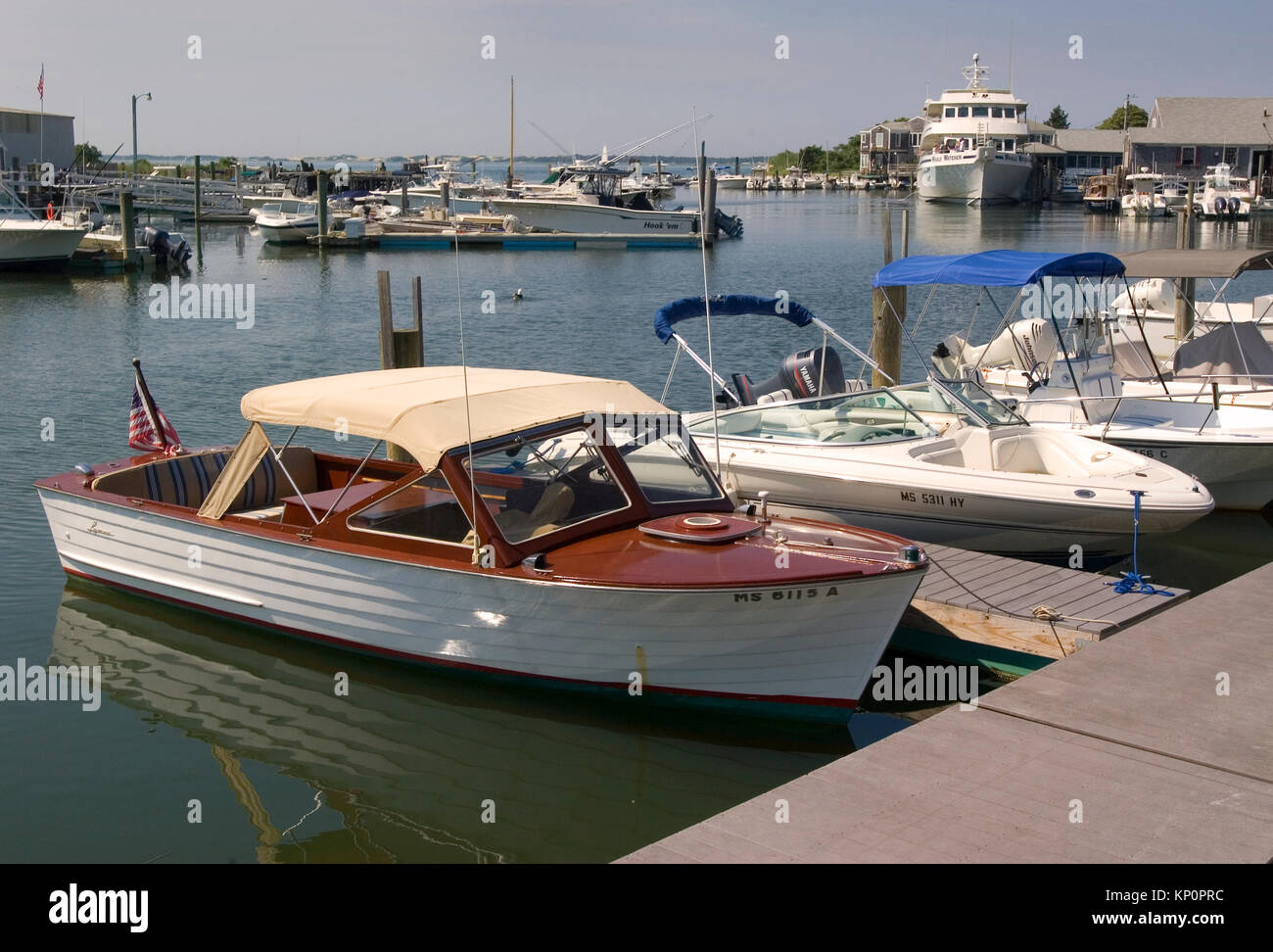 A restored Lyman motorboat in Barstable Harbor on Cape Cod, Massachusetts on Cape Cod, USA Stock Photo
