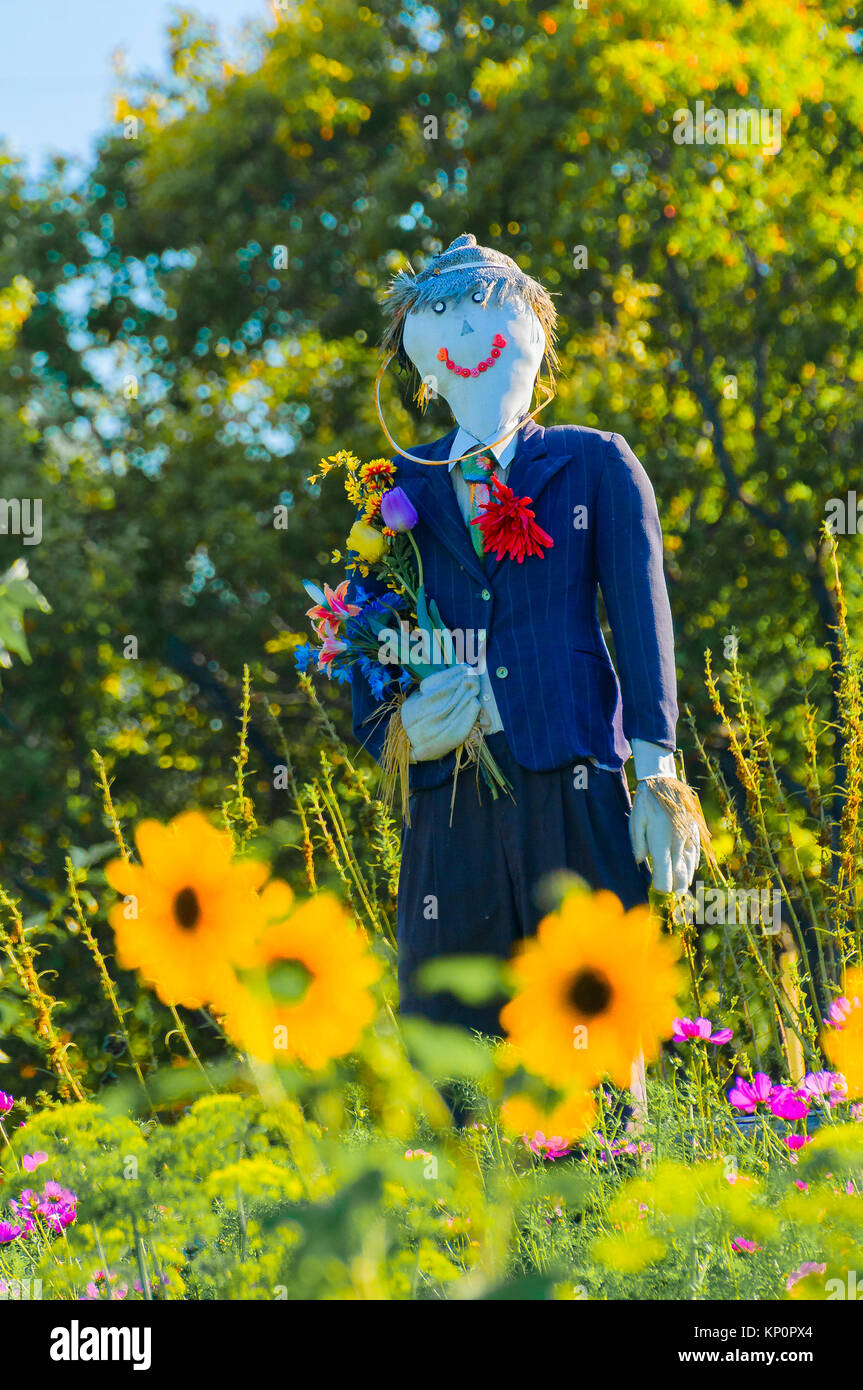 smiling scarecrow in garden Stock Photo