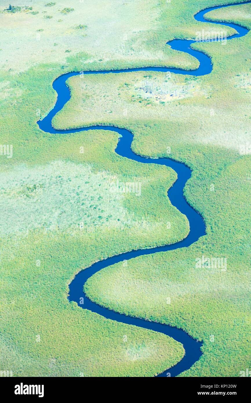 Aerial view of meandering Ngoga channel, Okavango delta, Botswana, Africa. Stock Photo
