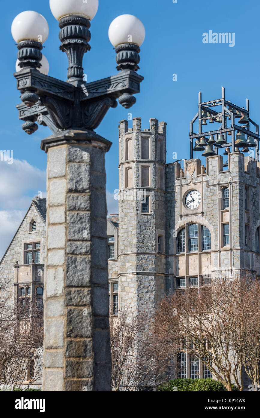 Oglethorpe University's Lupton Hall in Atlanta, Georgia features carilion bells and stone masonry architecture in the Gothic Revival style. (USA) Stock Photo