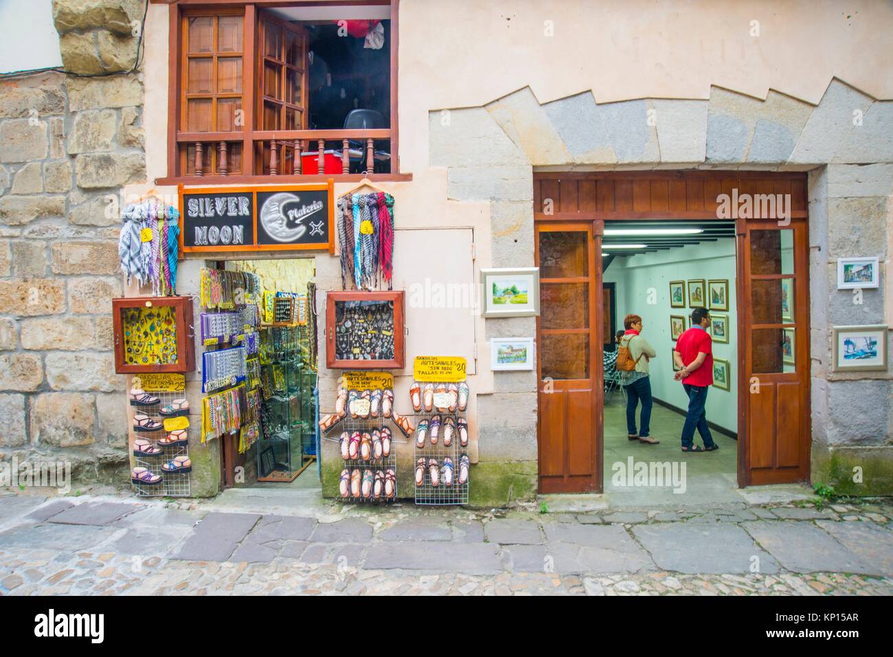 Facades of shop and art gallery. Santillana del Mar, Cantabria, Spain. Stock Photo
