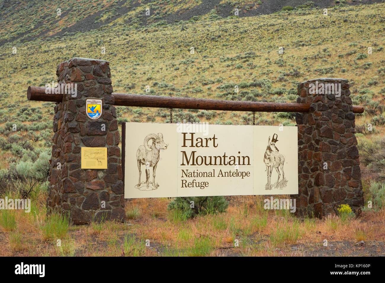 Entrance sign, Hart Mountain National Antelope Refuge, Lakeview to Steens National Back Country Byway, Oregon. Stock Photo