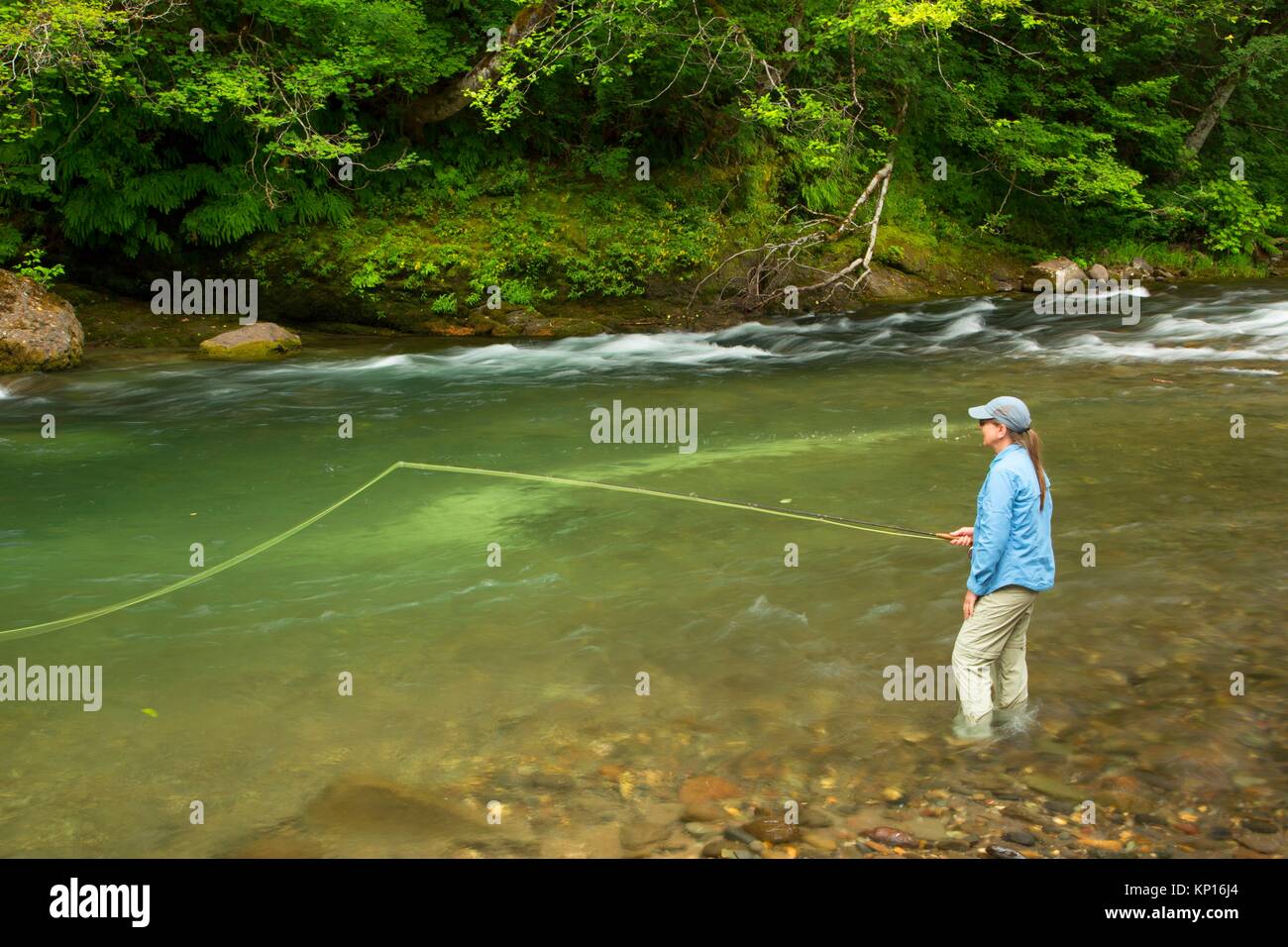 Fly fishing the Lewis River, Gifford Pinchot National Forest, Washington. Stock Photo