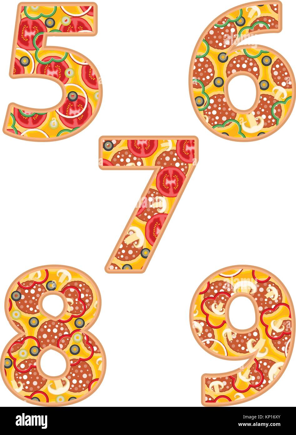 Pizza number 5 to 9 on a white background. Stock Vector