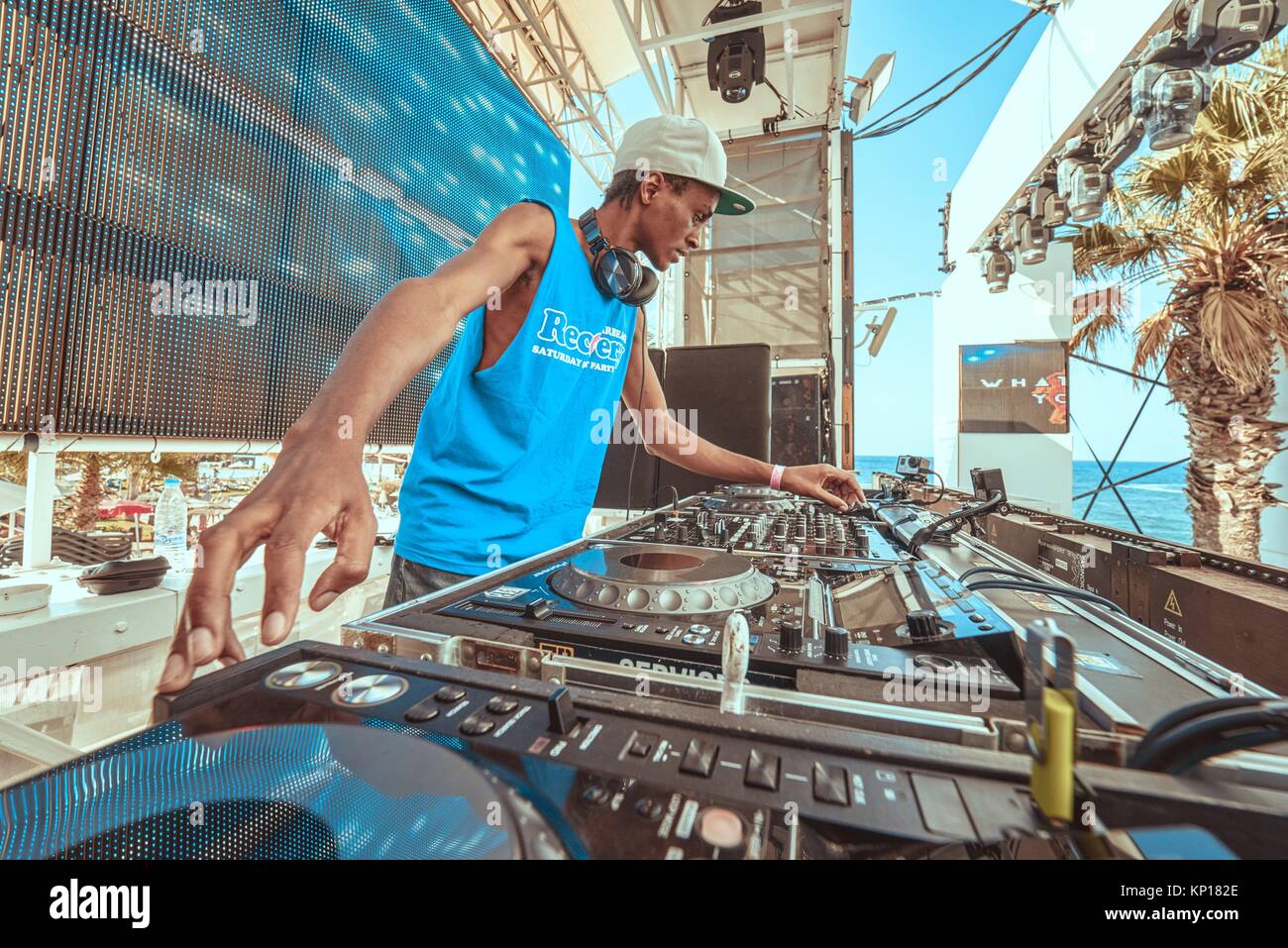 DJ DebK at music festival Starbeach in Hersonissos, Crete, Greece, on 25. August 2017 Stock