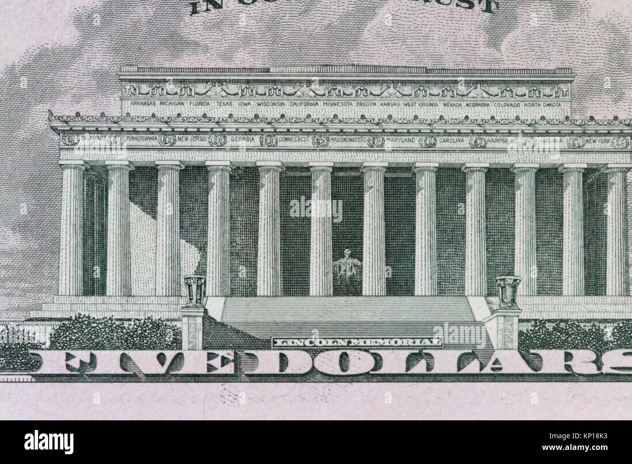 Lincoln Memorial on the 5 dollar bill a macro shot Stock Photo