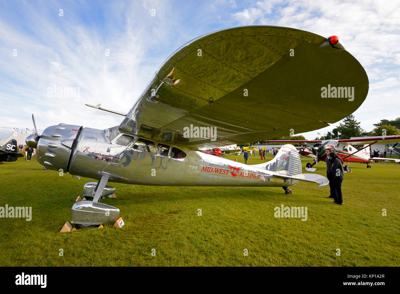Cessna 195 Businessliner N195RS marked Mid West Airlines at Goodwood Revival 2017. Freddie March Spirit of Aviation display area Stock Photo