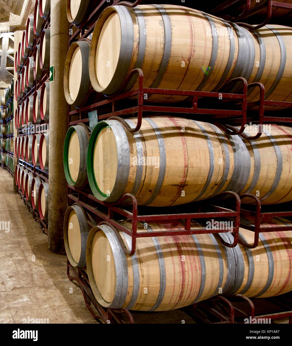stacked wine barrels to ferment the wine, La Rioja, Spain Stock Photo