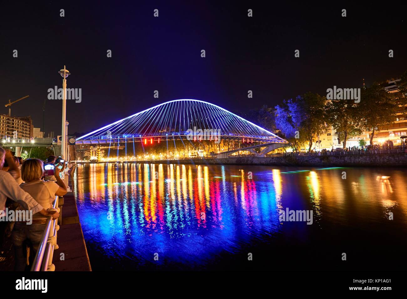 Zubizuri Bridge at night with spectacular light, Bilbao, Biscay, Basque Country, Euskadi, Spain, Europe Stock Photo