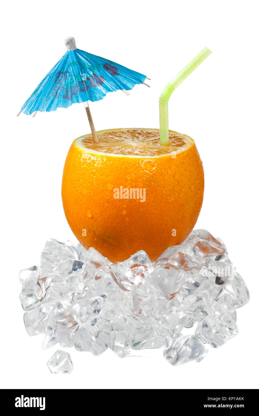 sliced orange with drinking straw and umbrella Stock Photo - Alamy