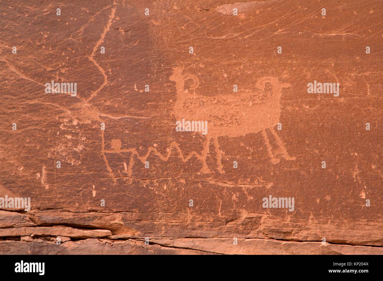 Petroglyphs at Utah Highway 279 Rock Art Site, Potash-Lower Colorado River Scenic Byway, Grand County, Utah. Stock Photo