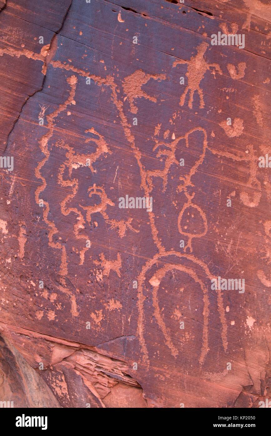 Petroglyphs at Utah Highway 279 Rock Art Site, Potash-Lower Colorado River Scenic Byway, Grand County, Utah. Stock Photo