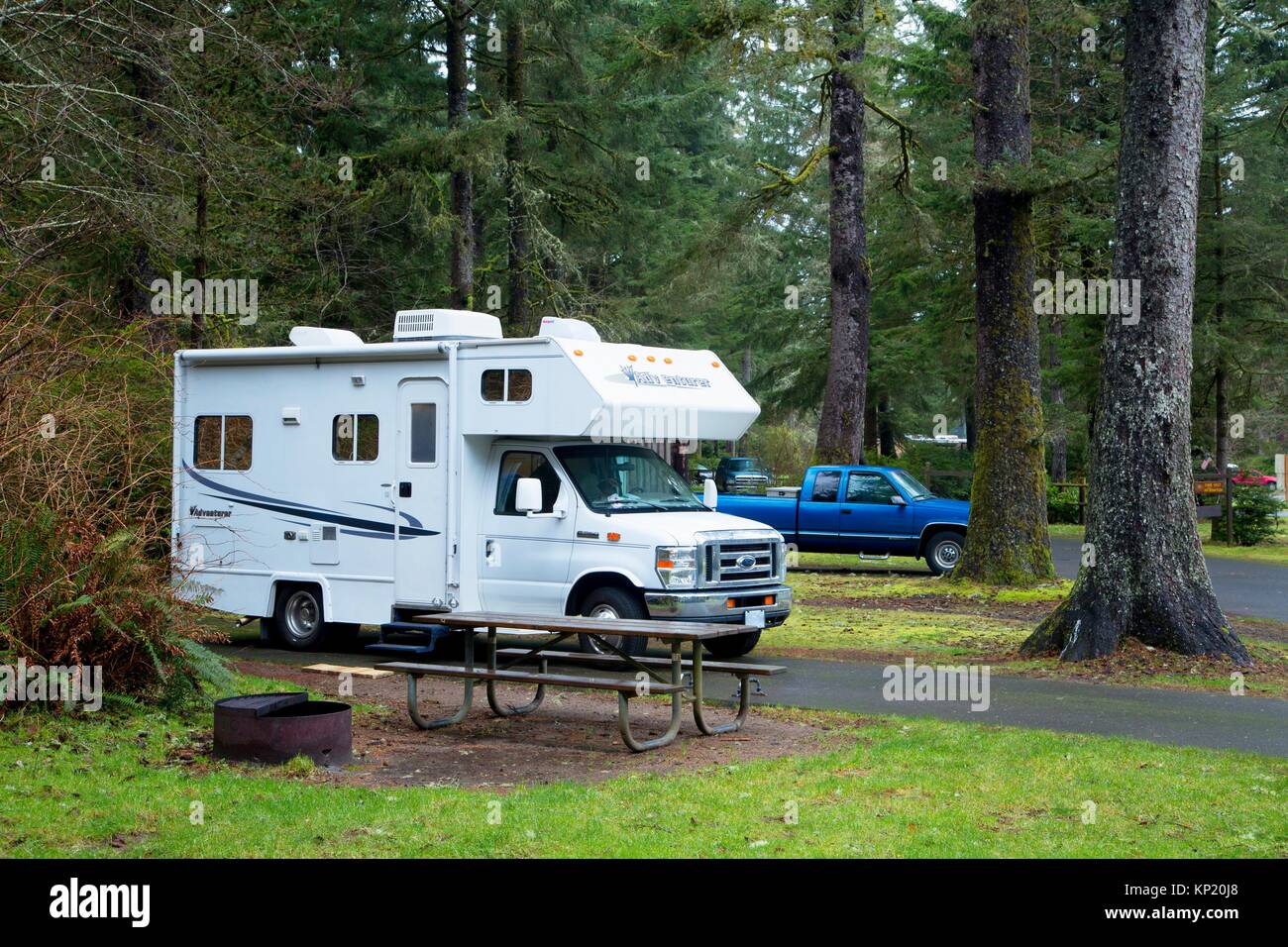 Motorhome in campground, Fort Stevens State Park, Lewis and Clark National Historical Park, Oregon. Stock Photo