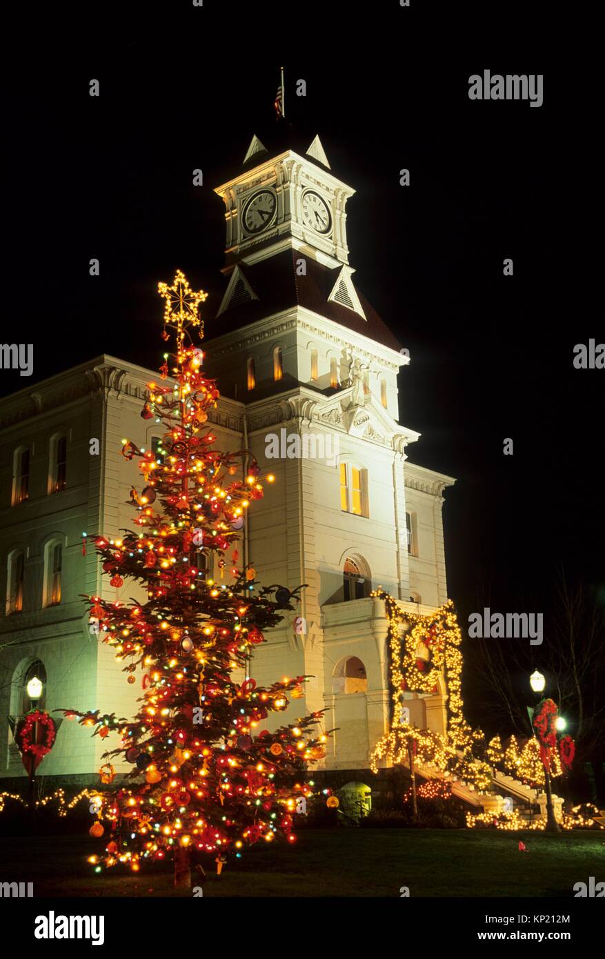 Benton County Courthouse with Christmas lights, Corvallis, Oregon Stock