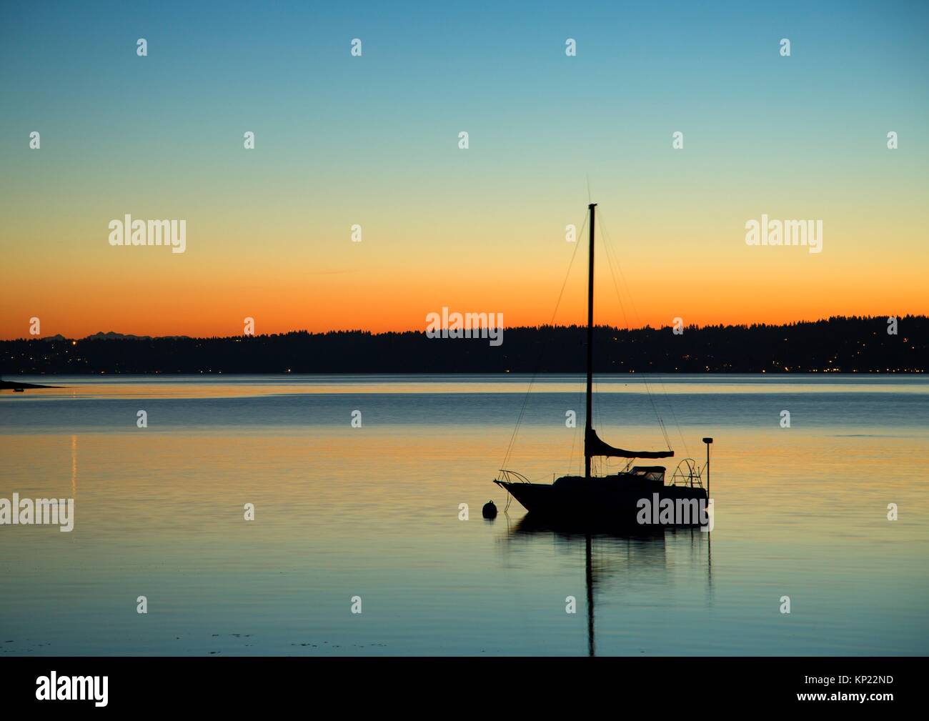 Sailboat dawn, Tramp Harbor Dock Park, Vashon Island, Washington. Stock Photo