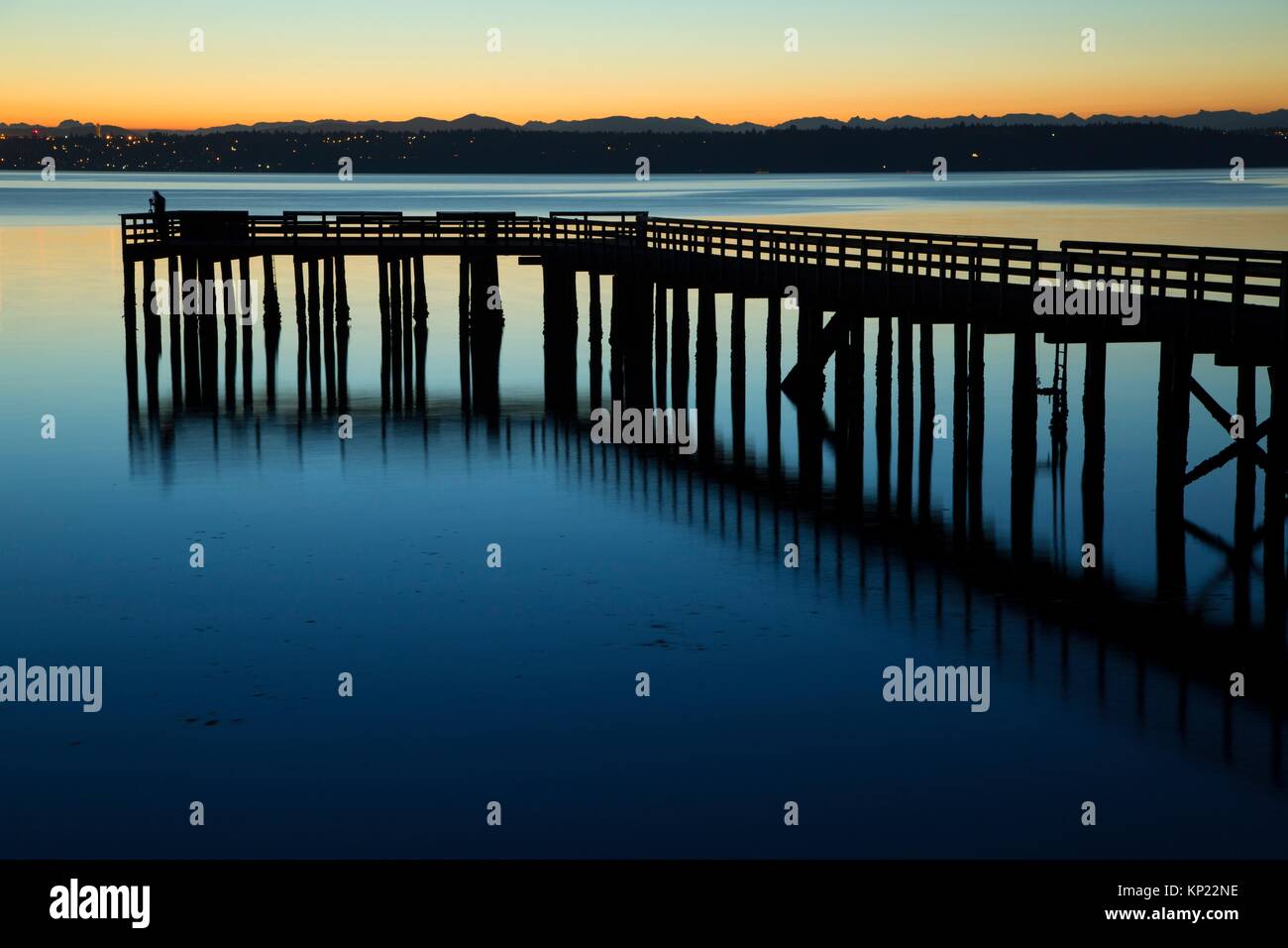 Tramp Harbor Dock dawn, Tramp Harbor Dock Park, Vashon Island, Washington. Stock Photo